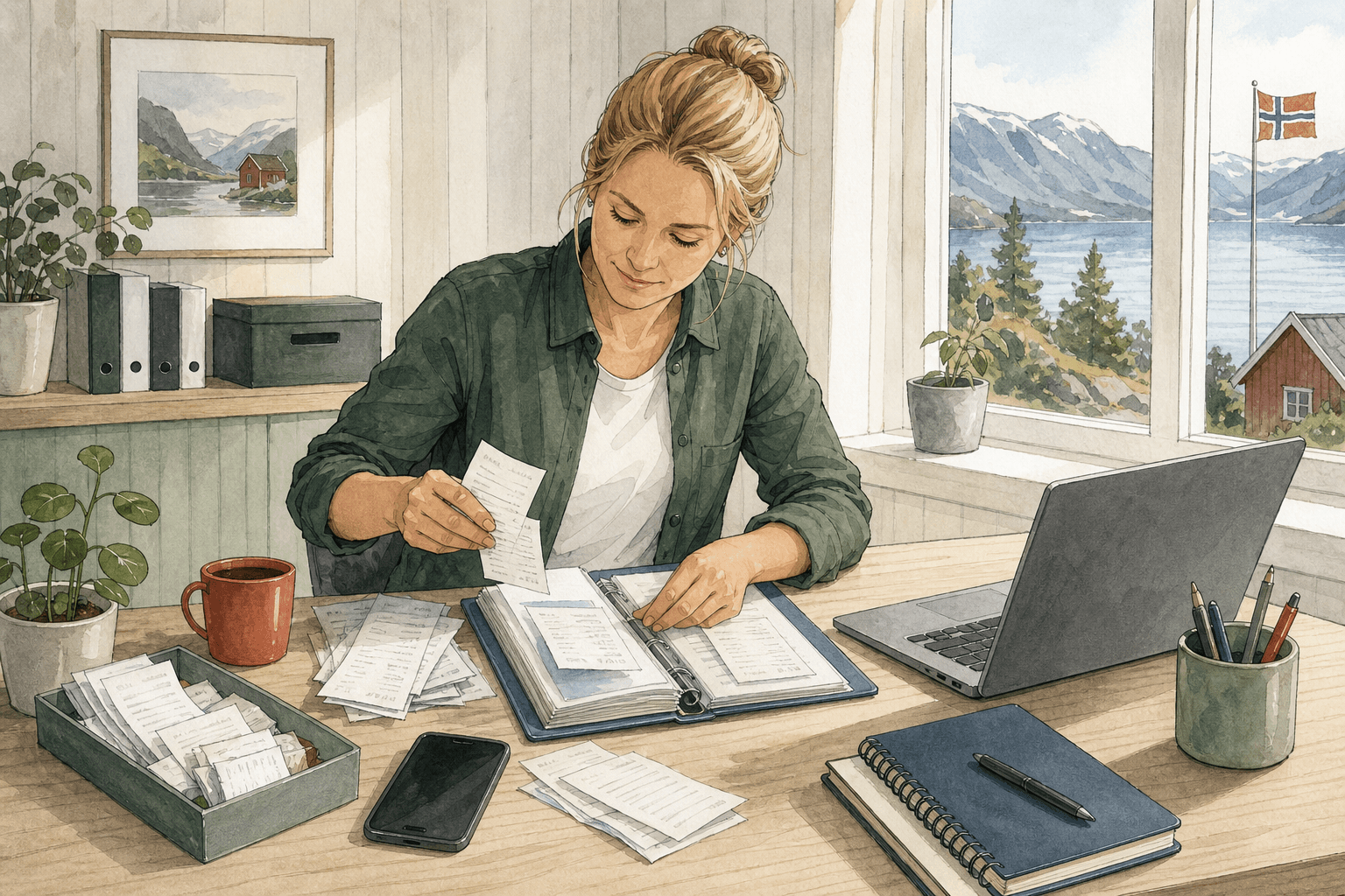 Illustrasjon av en bedriftseier som sorterer kvitteringer og bilag på et lyst nordisk hjemmekontor
