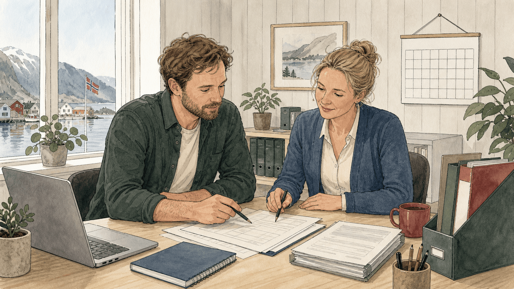 Illustrasjon av en liten norsk bedrift som går gjennom lønnsrutiner med regnskapsrådgiver i et lyst nordisk kontor