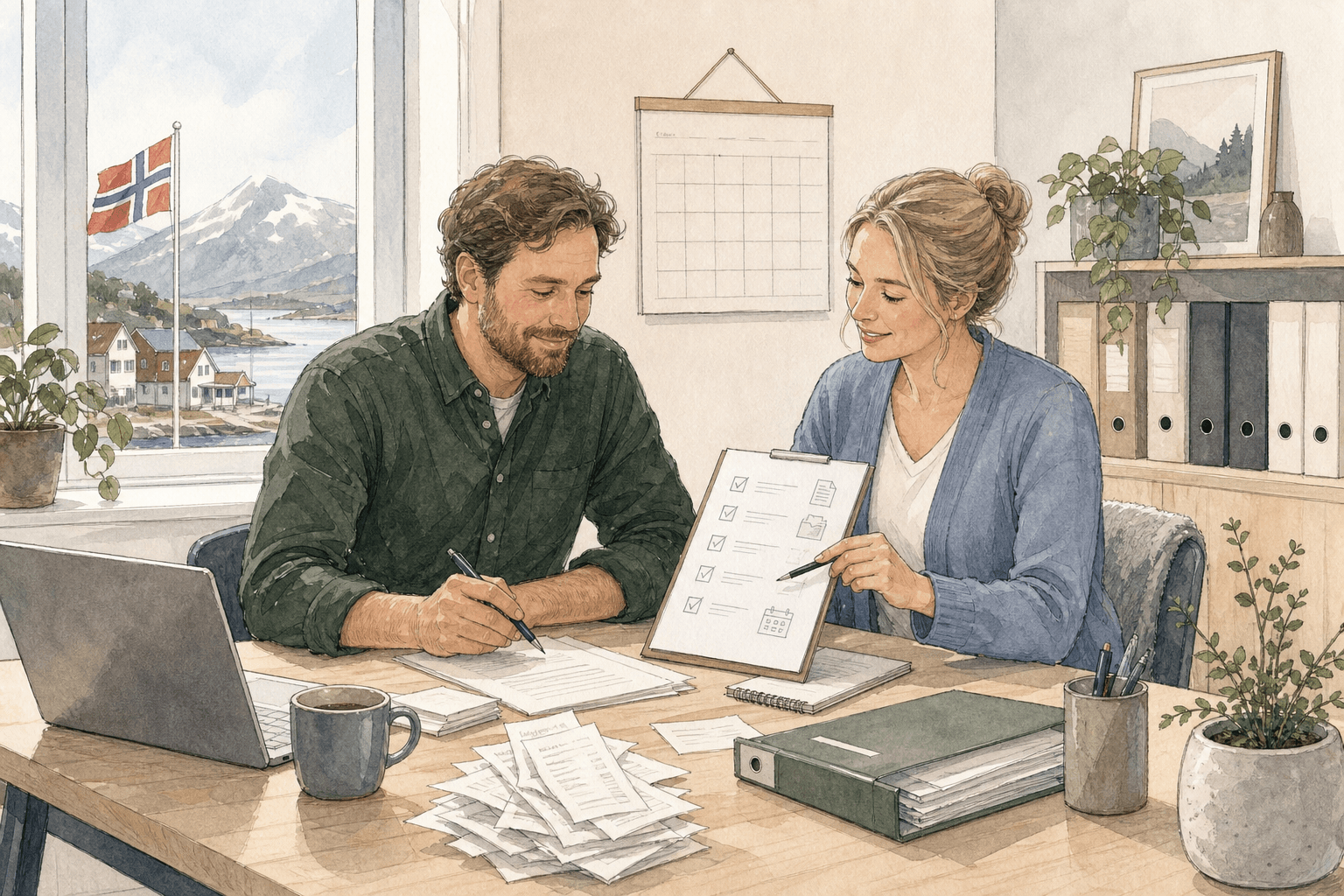 Illustrasjon av en norsk småbedrift som går rolig gjennom MVA-rutiner med regnskapsrådgiver i et lyst skandinavisk kontor