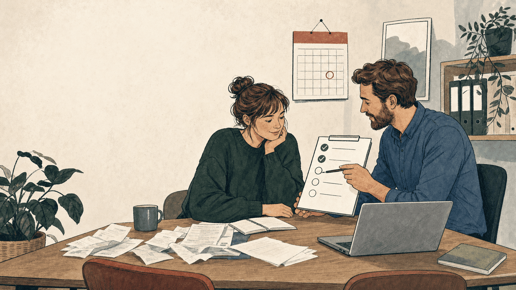 Illustrasjon av en bedriftseier og en regnskapsrådgiver som går gjennom bilag og sjekkliste i et nordisk kontormiljø